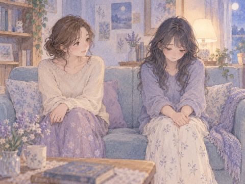 仲直りした友人の隣で目を伏せ気まずそうに座る女性