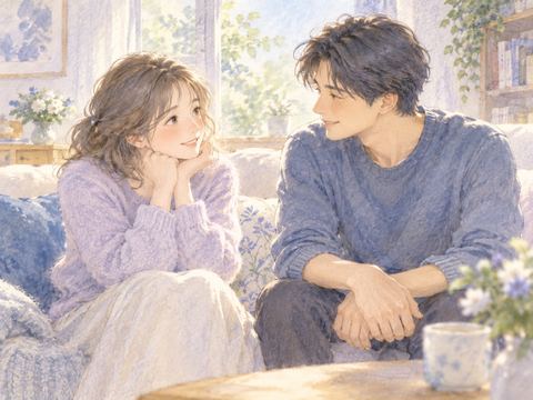 喧嘩のあと彼氏と向かい合って仲直りする女性