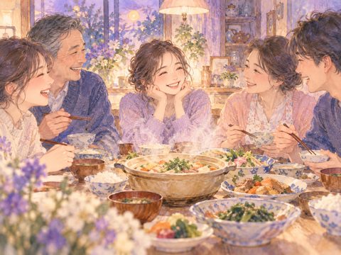 実家の食卓で家族と笑顔で過ごす成人女性