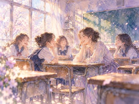 学生時代の教室で友達と再会して笑い合う成人女性