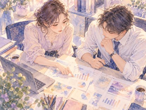 職場で同僚と資料を確認しながら協力する女性