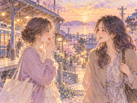 昔の同級生と懐かしい駅前で再会して微笑む夢の場面