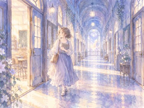 見覚えのない大きな学校の廊下で教室を探す女性