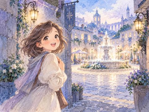 知らない街角で探していた噴水広場を見つけて喜ぶ女性