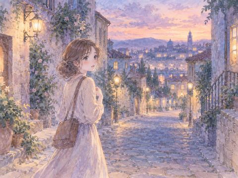 夕暮れの知らない街で帰り道を探す女性