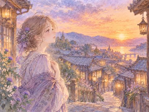 夕暮れの古い街並みを懐かしそうに見つめる女性