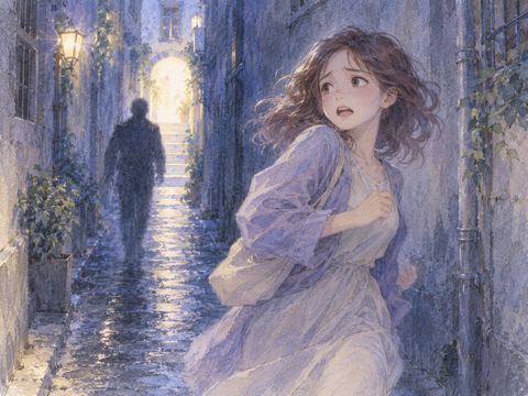 薄暗い知らない路地で背後の足音を怖がる女性