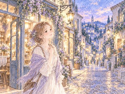 夕暮れの見知らぬ商店街を懐かしそうに眺める女性