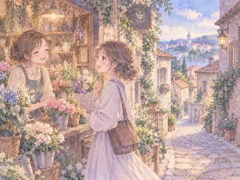 夢の街で顔なじみの店員と親しげに話す女性