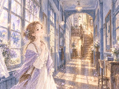 学校に似た廊下と家の木製階段がつながる建物を眺める女性
