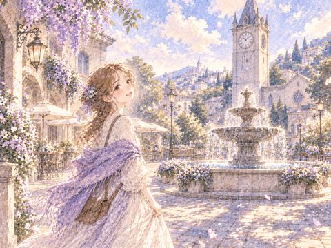 見覚えのある時計台と噴水の広場に戻ってきた女性