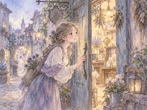 以前は閉まっていた古い店の開いた扉へ進む女性