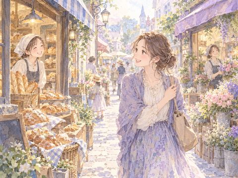 知らない商店街で店先を眺めながら歩く女性