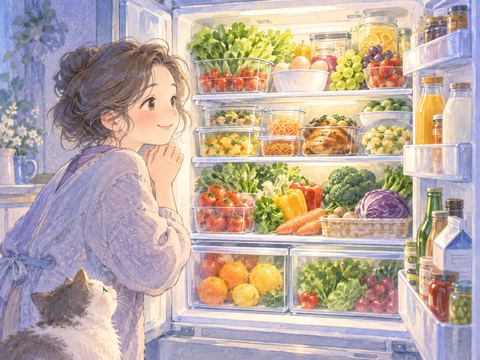 食材でいっぱいの冷蔵庫を見てうれしそうな女性