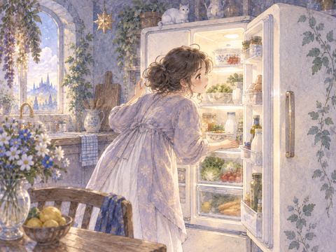 冷蔵庫の扉を開けて探し物をする女性