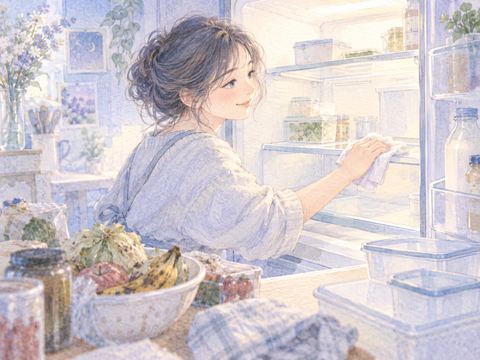 冷蔵庫の古い食材を取り出して棚を拭く女性