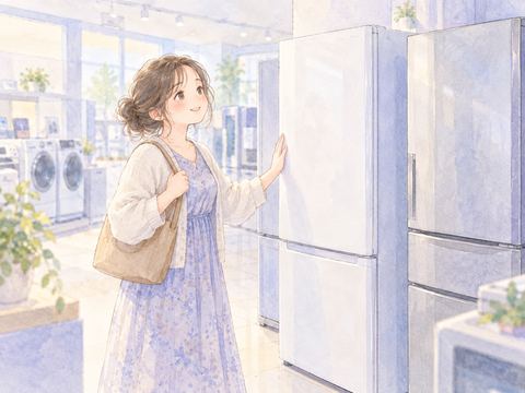 新しい冷蔵庫を選んで期待に満ちた表情を浮かべる女性