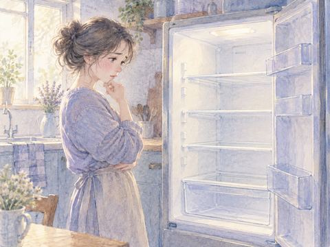 何も入っていない冷蔵庫を見て戸惑う女性