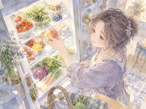 冷蔵庫の新鮮な野菜や果物を丁寧に確かめる女性