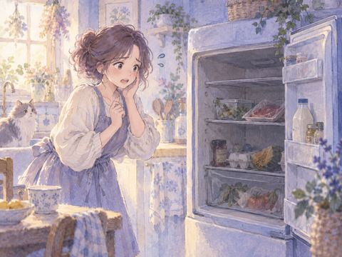 冷えなくなった冷蔵庫の前で困惑する女性