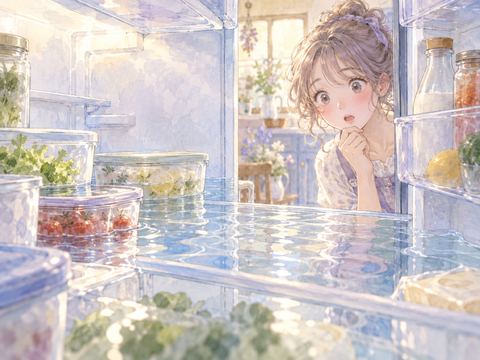 棚に水がたまった冷蔵庫を見て驚く女性