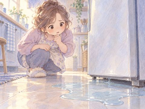 冷蔵庫の下から床に広がる水を見て困る女性