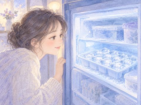 冷凍室の透明な氷を穏やかに眺める女性