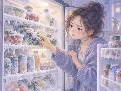 冷蔵庫の棚に凍り付いた野菜や飲み物に困る女性