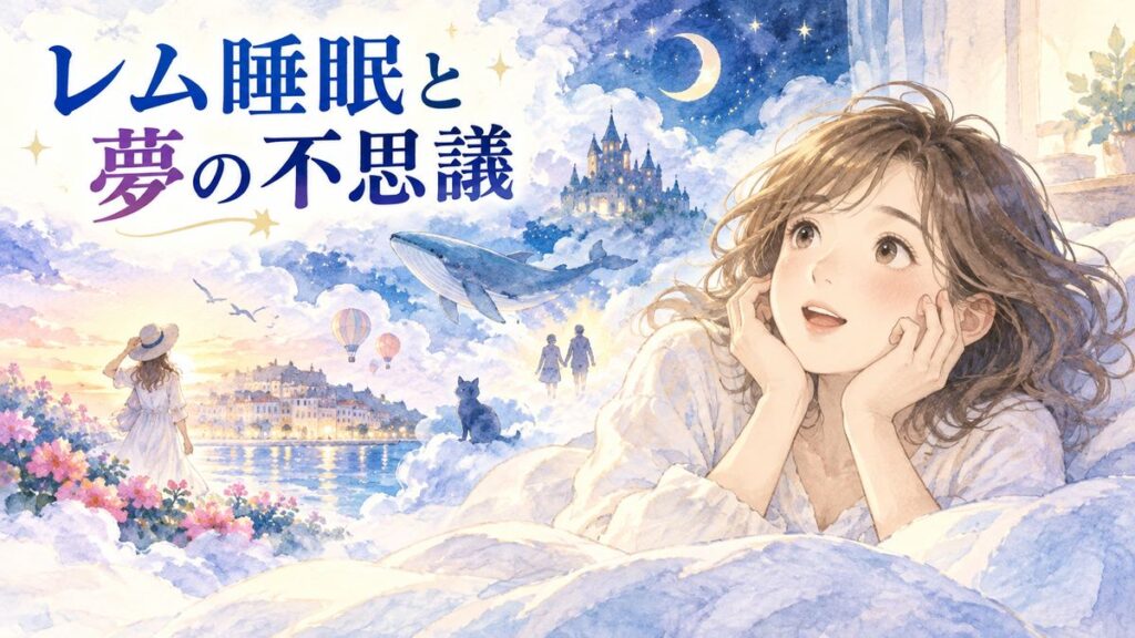 目覚めた女性と夜空に浮かぶ鮮やかな夢の場面