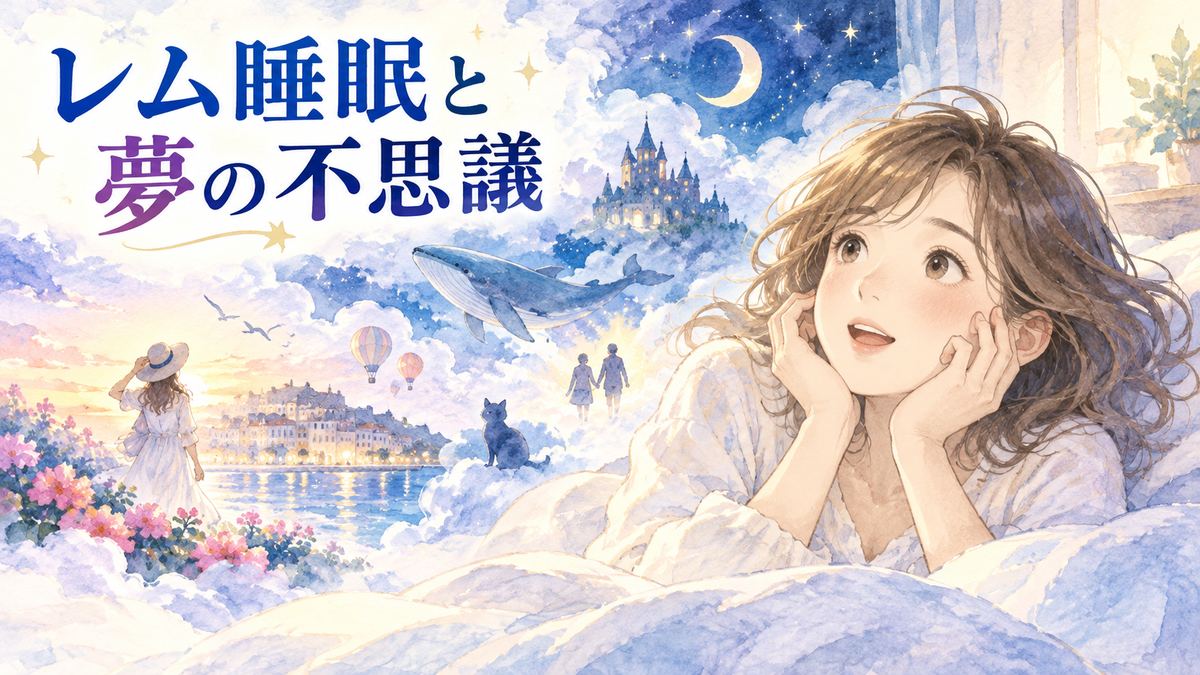 目覚めた女性と夜空に浮かぶ鮮やかな夢の場面