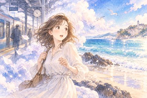 駅から突然海辺へ移ったことに驚く大人の女性