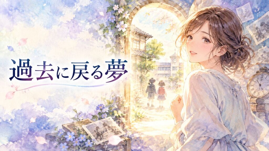 昔の風景へ続く光の扉を見つめる大人の女性