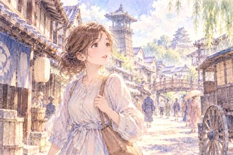 見知らぬ古い町並みを不思議そうに歩く女性