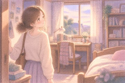 昔住んでいた家の部屋に戻る女性