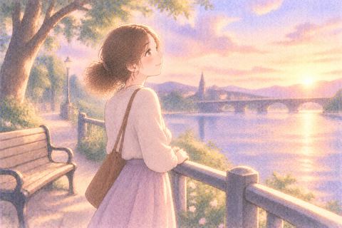 思い出の場所を懐かしく眺める女性