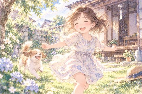 子供の姿に戻り庭で無邪気に遊ぶ女性の夢