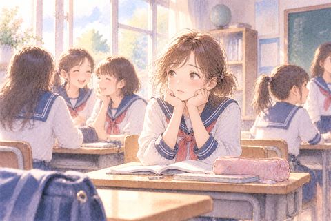 中学生に戻り教室で周囲を気にする女性の夢
