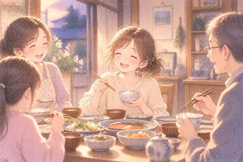昔の家で家族と食卓を囲む女性