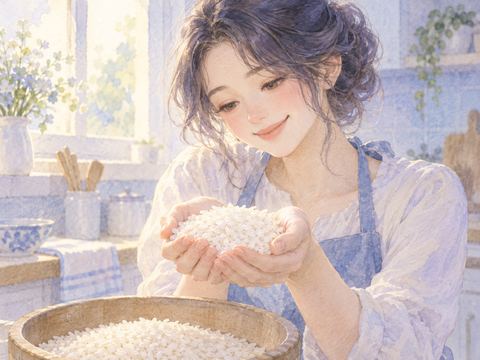 両手ですくった真っ白な米粒を嬉しそうに見つめる女性