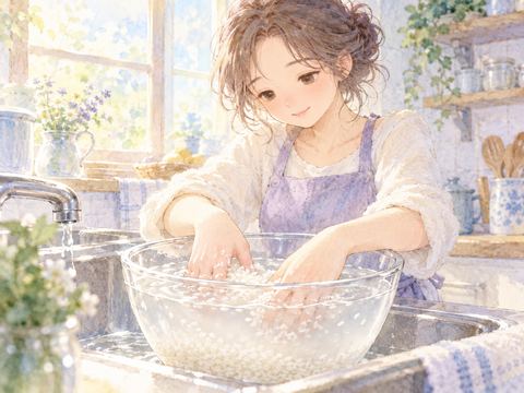 台所でボウルの白米を丁寧に研ぐ女性