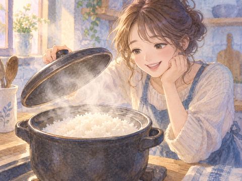 鍋で炊くご飯の湯気を嬉しそうに見守る女性