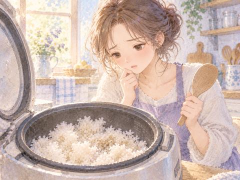 芯が残ったご飯を見て困った表情の女性