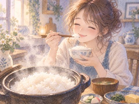 湯気の立つ白いご飯をおいしそうに食べる女性