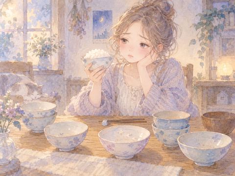 何杯食べても満たされず寂しそうな女性