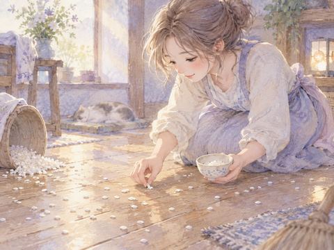 床に散らばった白米を一粒ずつ拾う女性