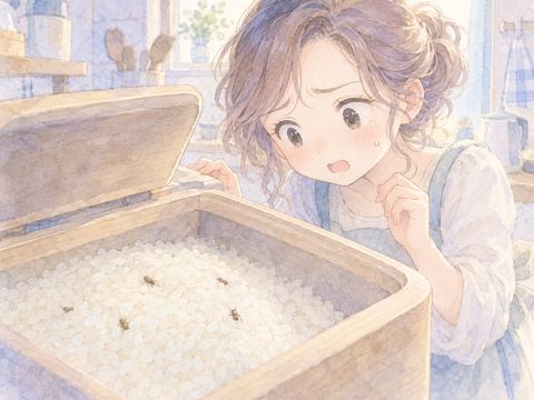 米びつの中の小さな虫を見つけて驚く女性