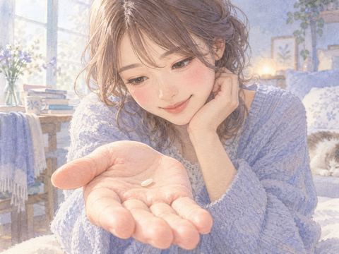 手のひらに載せた一粒のお米を大切そうに見つめる女性
