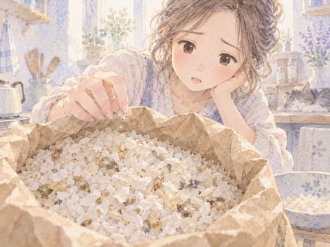 砕けて変色した米を見つめて困惑する女性