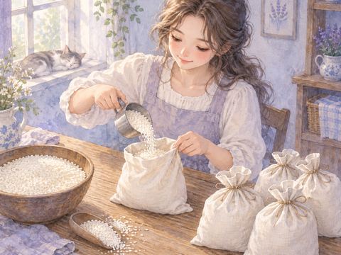 白いお米を袋に丁寧に詰めている女性