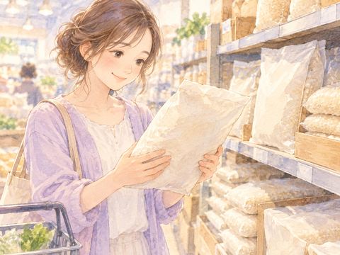 スーパーでお米の袋を選んで満足そうに微笑む女性